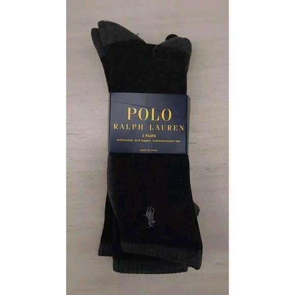 Polo Ralph Lauren Mens Premium Comfort Black Heather 3-Pack Crew Socks Sz 10-13 - Picture 1 of 6